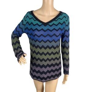 M Missoni Chevron Sweater US 10 Black Blue Green Purple Zigzag V-Neck Cotton